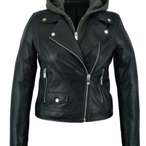 Women’s Black Leather Biker Jacket with Hoodie – Casual Street Style